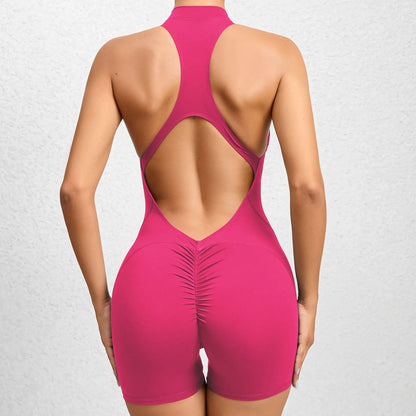 Cralom Seamless Yoga Bodysuit: Zip-Front Peach Booty Ruched One-Piece