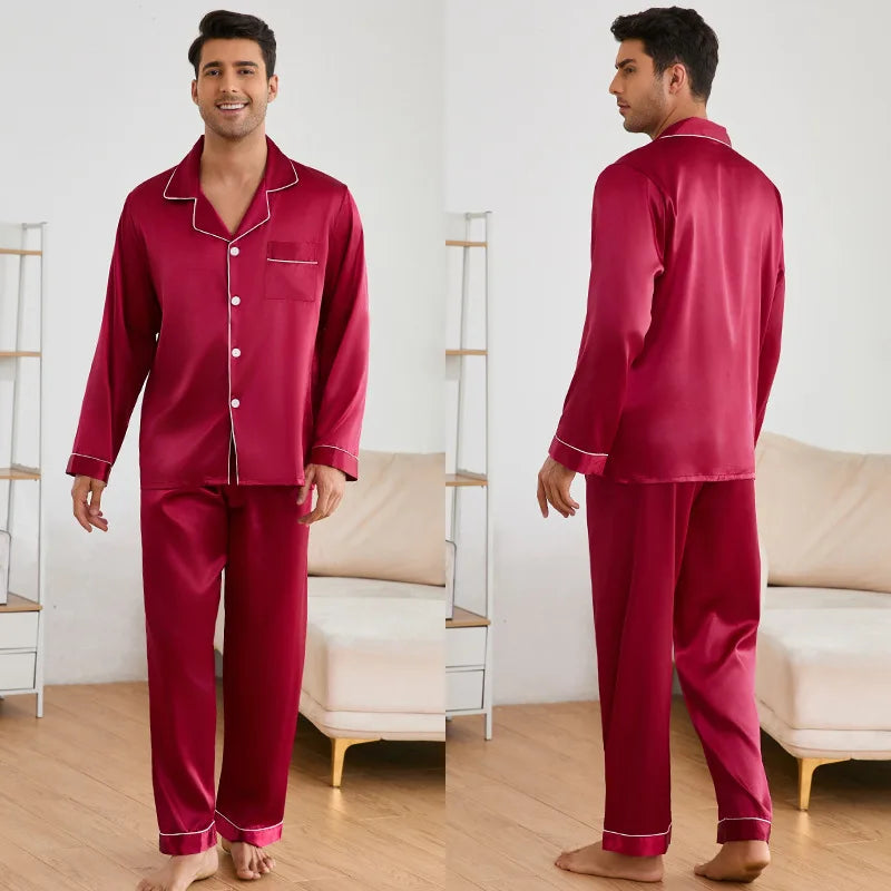 Cralom Men's Satin Pajama Set with Lapel Collar, Long Sleeve Tops & Pants