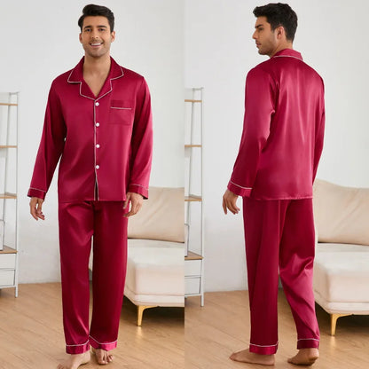 Cralom Men's Satin Pajama Set with Lapel Collar, Long Sleeve Tops & Pants