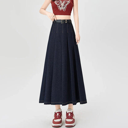 Cralom High Waist Denim Pleated A-Line Skirt | Korean Style Spring Summer Fashion