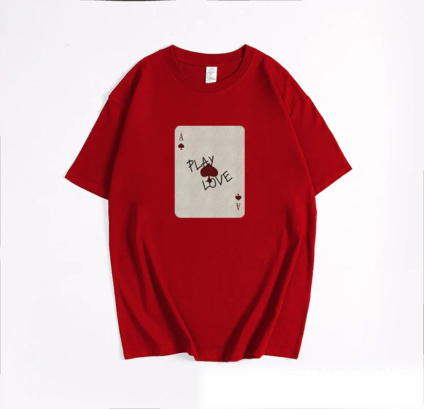 Cralom Poker Card Print T-Shirt Women's O-Neck Summer Top