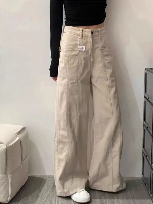 Cralom Vintage Washed Cargo Jeans - High Waist Loose Wide Leg Pants