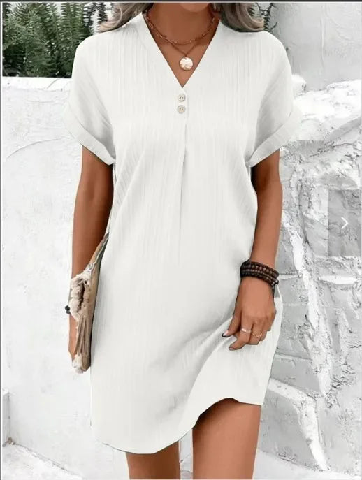 Cralom V-neck Button Top Short Sleeve Dress Solid Color Comfort 2024 Summer