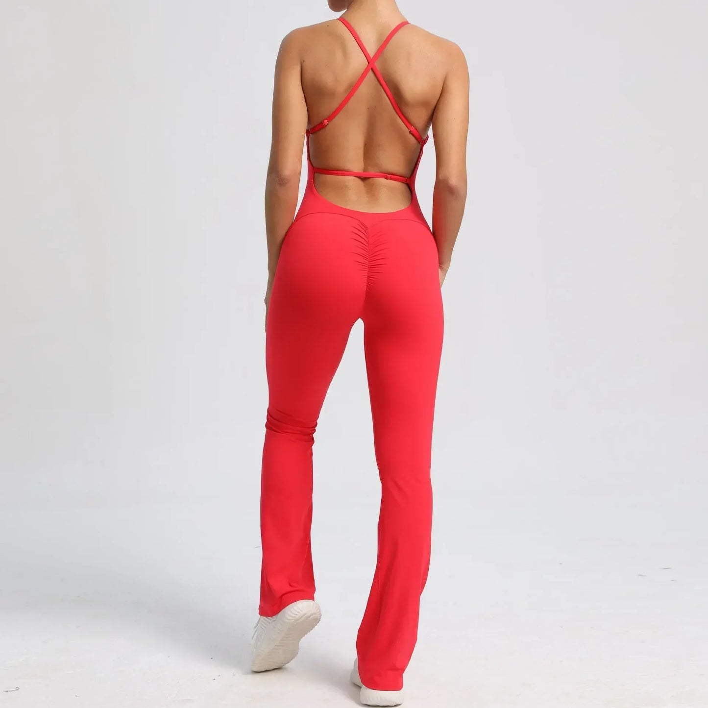 Cralom Seamless Yoga Set for Women, Open Back Flared Pants Gym Jumpsuit