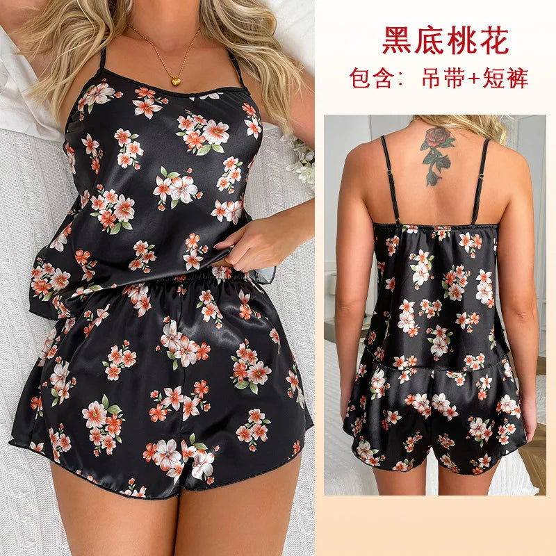 Cralom Women's Printed Silk Pajama Set