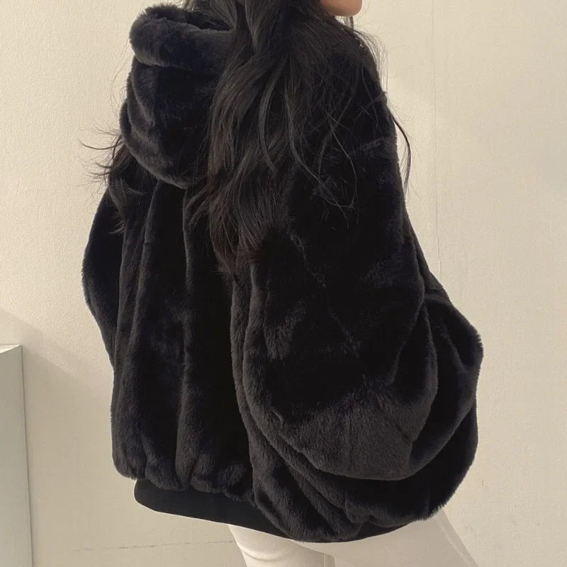 Cralom Women's Cashmere Padded Hooded Jacket Double-Sided Lamb Wool Coat