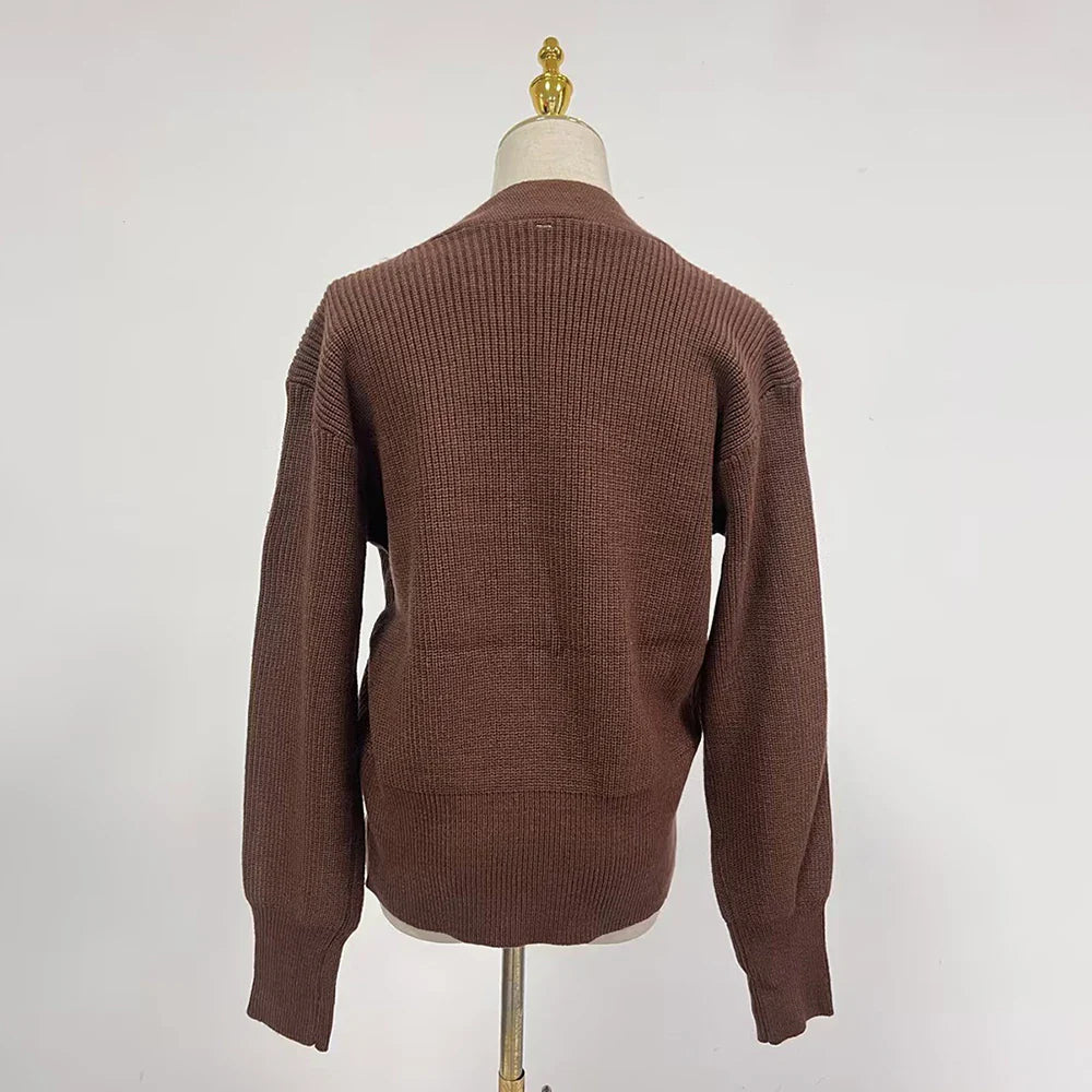 Cralom V Neck Buttoned Knit Coat Solid Slimming Jacket Females
