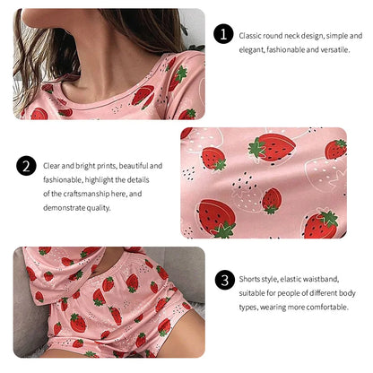 Cralom Strawberry Print Pajama Set: Cute Top & Shorts for Summer Comfort