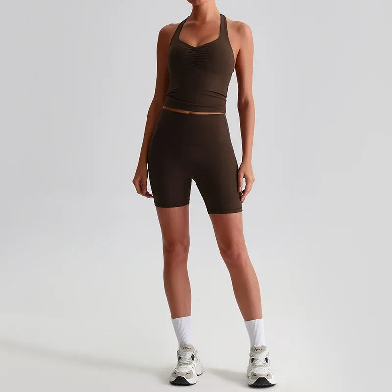 Cralom Women's Naked Feel Yoga Set with Backless Sports Bra and Butt Lifting Tight Shorts