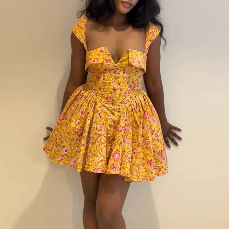 Cralom Square Neck Printed A-line Short Dress