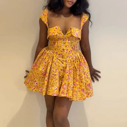 Cralom Square Neck Printed A-line Short Dress