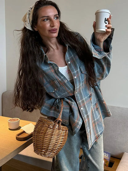 Cralom Vintage Oversized Denim Plaid Shirt with Lapel Pocket