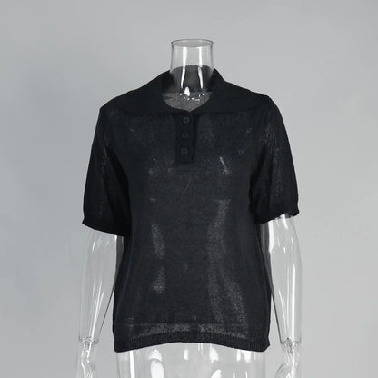 Cralom Summer Knit Polo Bubble Sleeve Sweater for Women