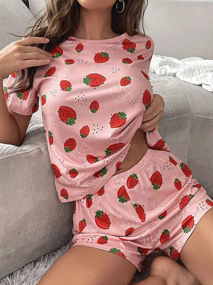 Cralom Strawberry Print Pajama Set: Cute Top & Shorts for Summer Comfort