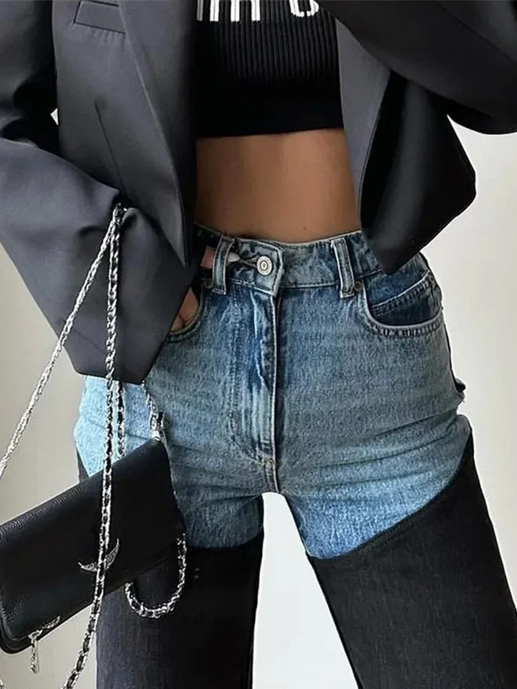 Cralom Patchwork High Waist Jeans for Women