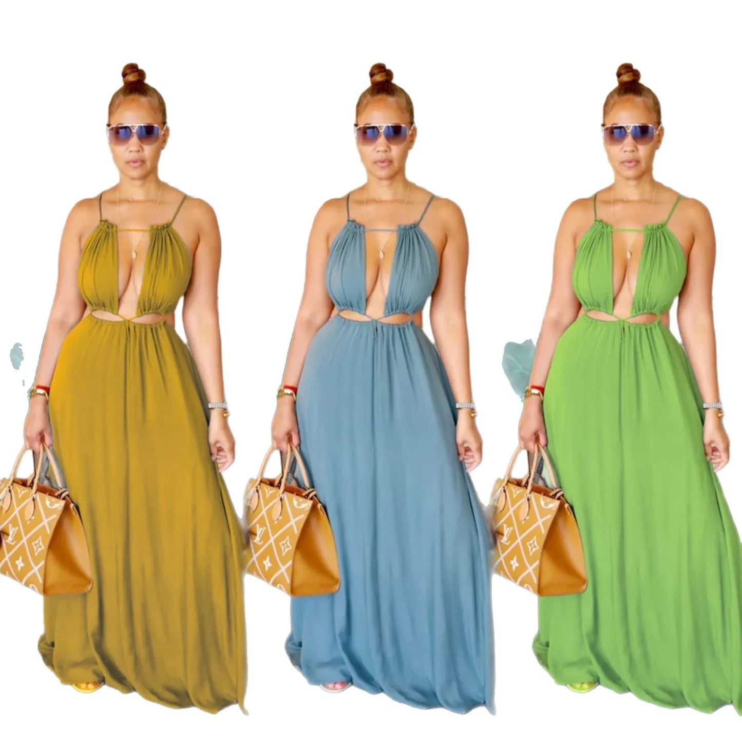 Cralom Sexy Camisole Backless Long Dress Solid Color, 2025 Summer