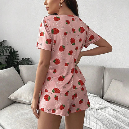 Cralom Strawberry Print Pajama Set: Cute Top & Shorts for Summer Comfort