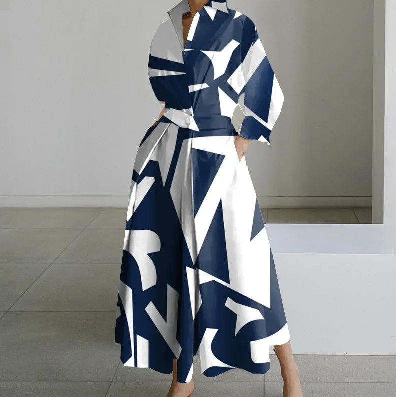 Cralom White Dot Print Maxi Dress - Elegant V Neck Autumn Long Sleeve Party Robe