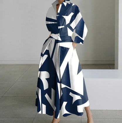 Cralom White Dot Print Maxi Dress - Elegant V Neck Autumn Long Sleeve Party Robe