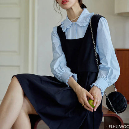 Cralom Blue Cotton Peter Pan Collar Blouse: 2023 Summer Chic Women's Shirt