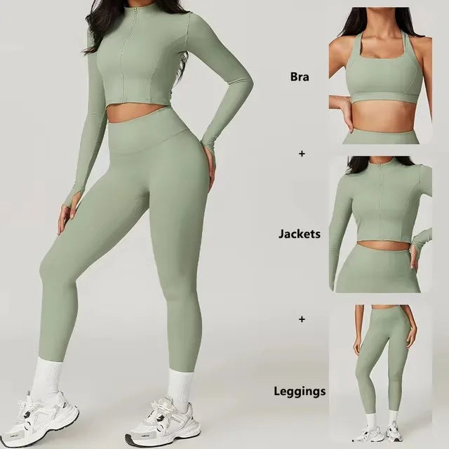 Cralom 3Pcs Yoga Set for Women: Workout Suit, Quick-Drying Material, Gym Jackets