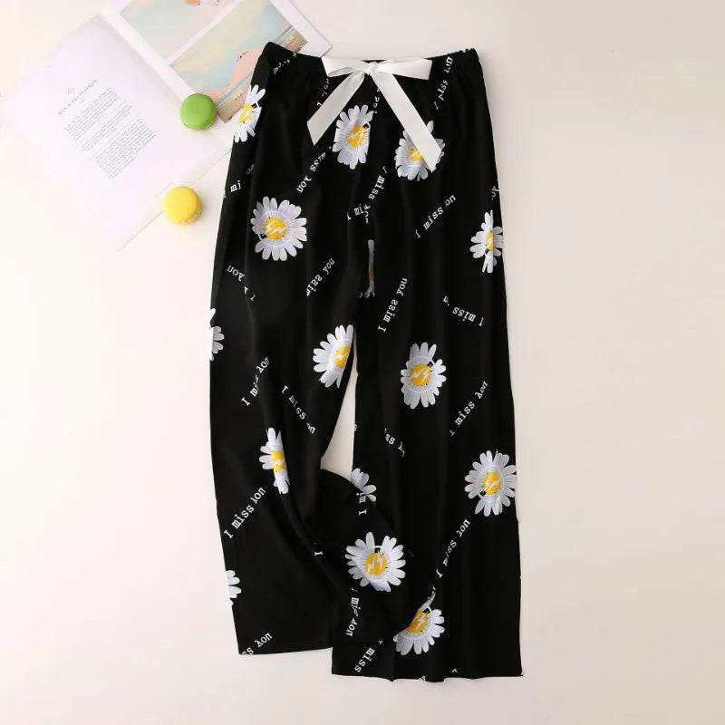 Cralom Floral Cotton Silk Pajama Pants Women's Loose Wide-leg Trousers