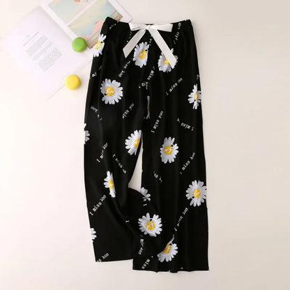 Cralom Floral Cotton Silk Pajama Pants Women's Loose Wide-leg Trousers