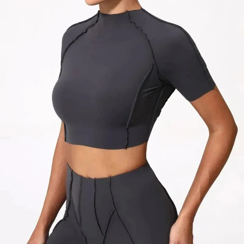 Cralom Seamless Yoga Slimming Top Short Sleeve High Elasticity Gym Fitness Shirt