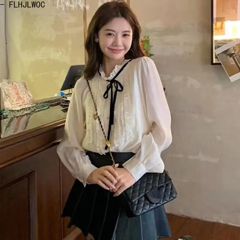 Cralom Lace Ruffled Ribbon Tops with Bow Tie/Button, Elegant Blouses