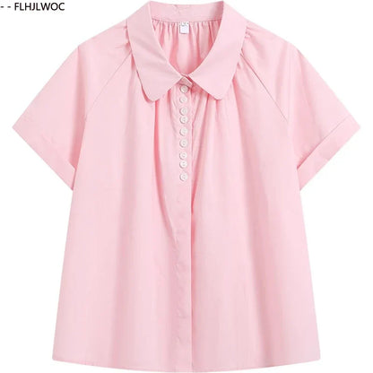 Cralom Short Sleeve Peter Pan Collar Top - Pink Vintage Summer Blouse