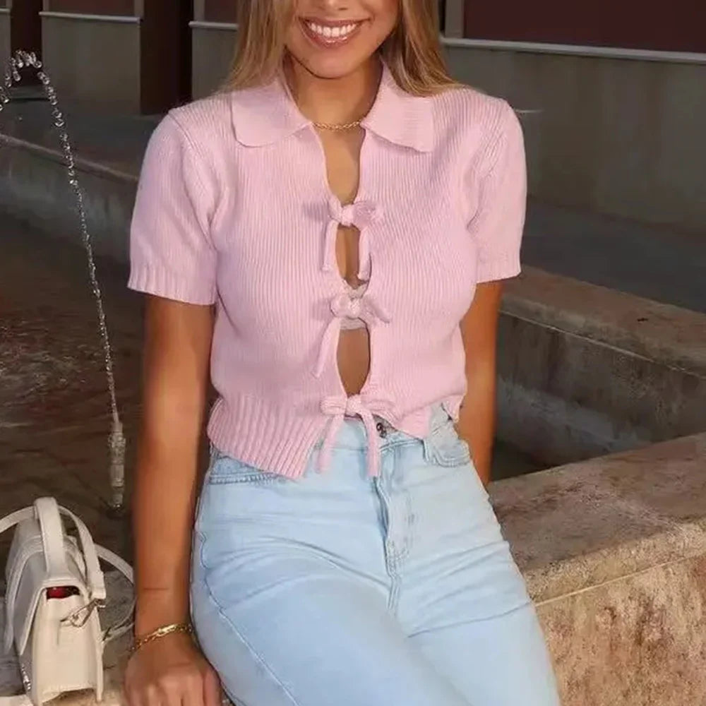 Cralom Lace Up Slim Fit T-Shirt - Elegant Short Sleeve Women's Tee