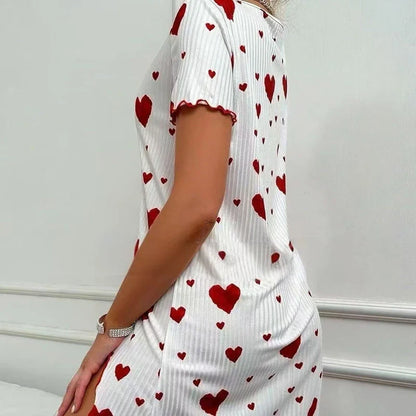 Cralom Heart Print Short-Sleeve Nightgown: Comfy Crew Neck Sleepdress for Summer
