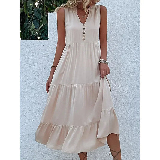 Cralom Women's Solid Color Loose A-Line Midi Dress - 2024 Summer Fashion