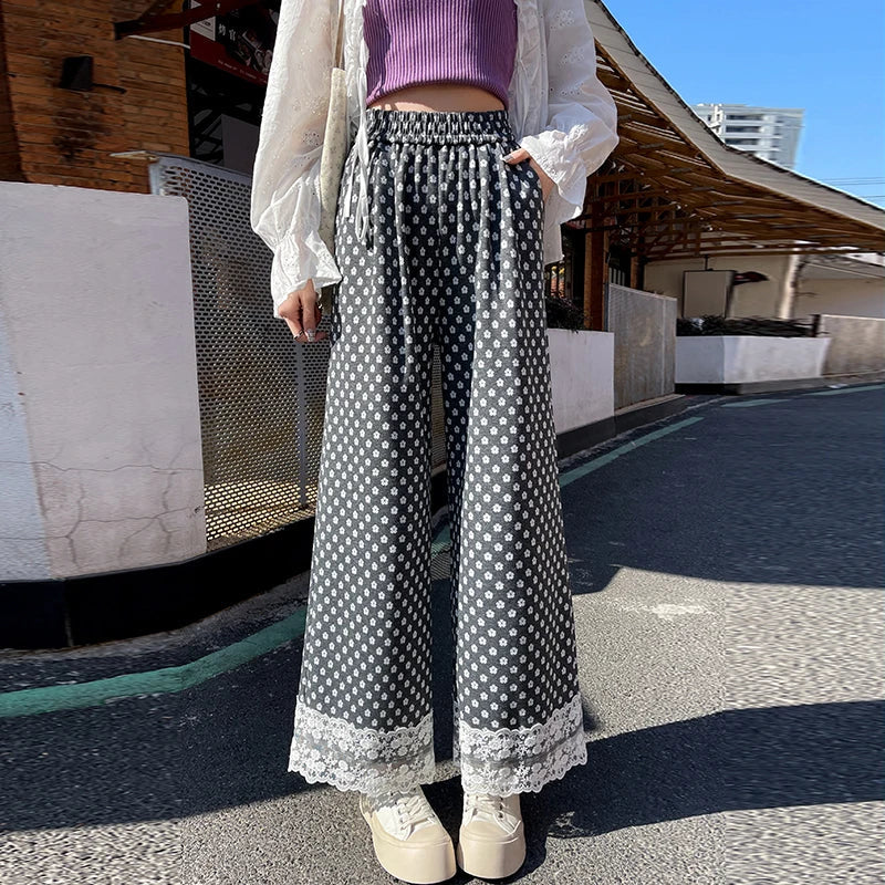 Cralom High Waist Lace Spliced Wide Leg Pants