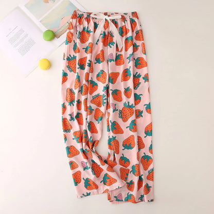 Cralom Floral Cotton Silk Pajama Pants Women's Loose Wide-leg Trousers