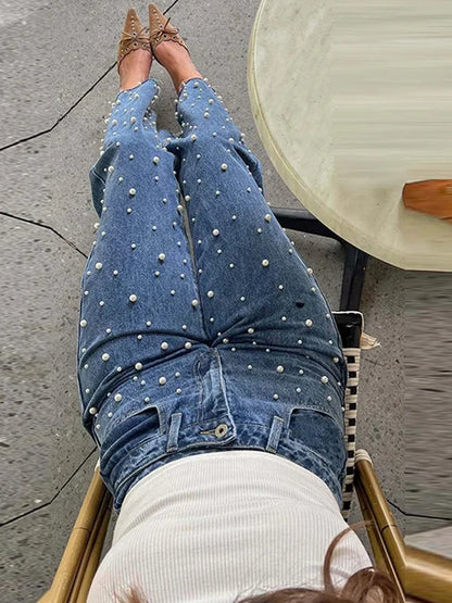 Cralom Beaded Vintage Washed Blue Jeans - High Waist Loose Straight Pant