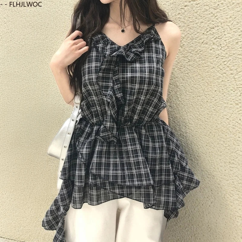 Cralom Plaid Peplum Top: Sleeveless Retro Ruffles and Slim Fit Blouse