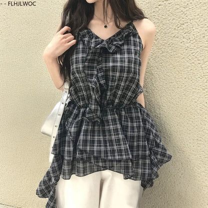 Cralom Plaid Peplum Top: Sleeveless Retro Ruffles and Slim Fit Blouse