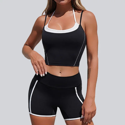 Cralom Seamless Yoga Set: Halter Top & Quick-Dry Flare Shorts - Gym Fitness Outfit