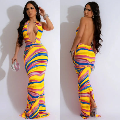 Cralom Printed Sleeveless Deep V-neck Backless Long Dress Summer 2025