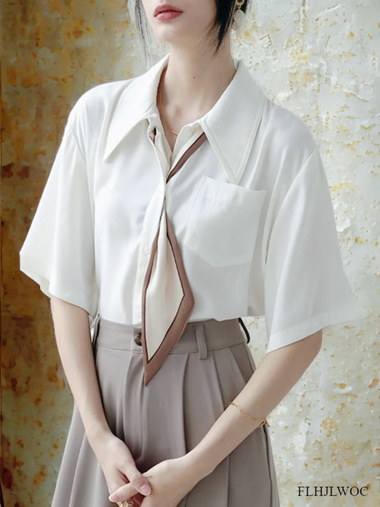 Cralom Women's White Button-Up Bow Tie Blouse