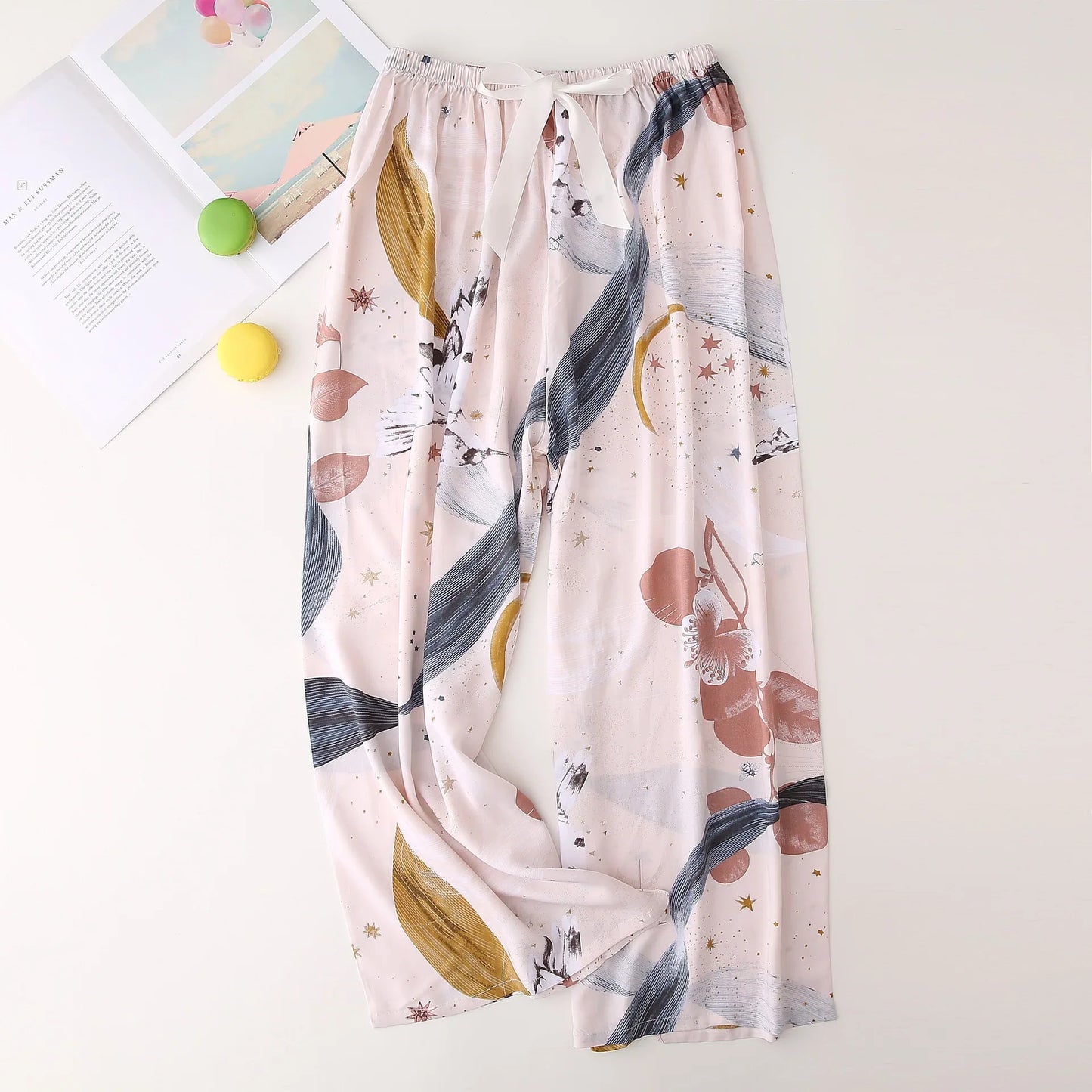 Cralom Floral Cotton Silk Pajama Pants Women's Loose Wide-leg Trousers