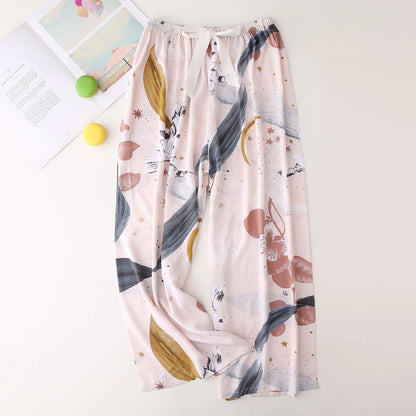 Cralom Floral Cotton Silk Pajama Pants Women's Loose Wide-leg Trousers