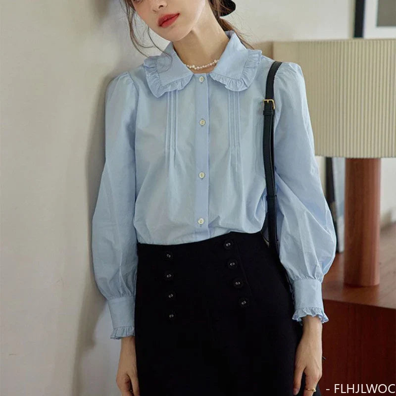 Cralom Blue Cotton Peter Pan Collar Blouse: 2023 Summer Chic Women's Shirt