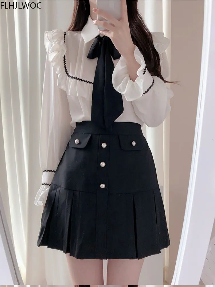 Cralom Retro Ruffles Bow Tie Shirt White