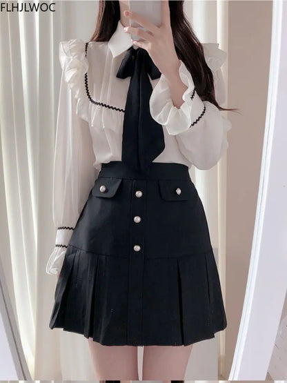 Cralom Retro Ruffles Bow Tie Shirt White