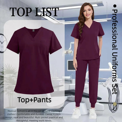 Cralom Multicolour Nurse Scrubs Set V-neck Top Pocket Pants