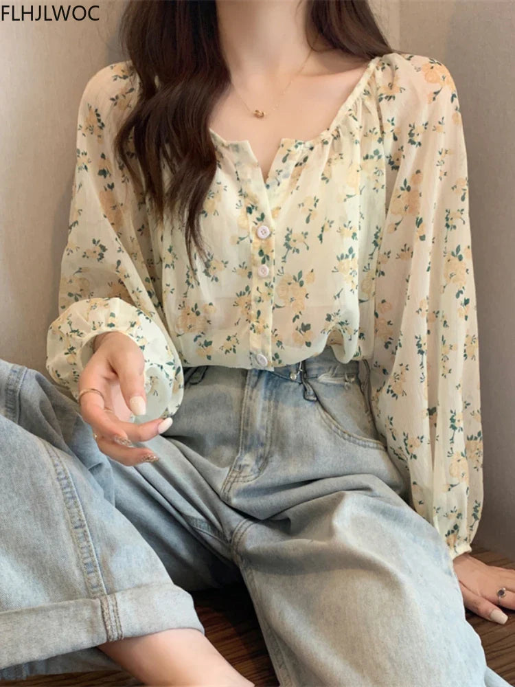 Cralom Vintage Floral Print Sheer Tops & Blouses
