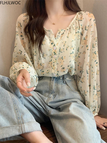 Cralom Vintage Floral Print Sheer Tops & Blouses