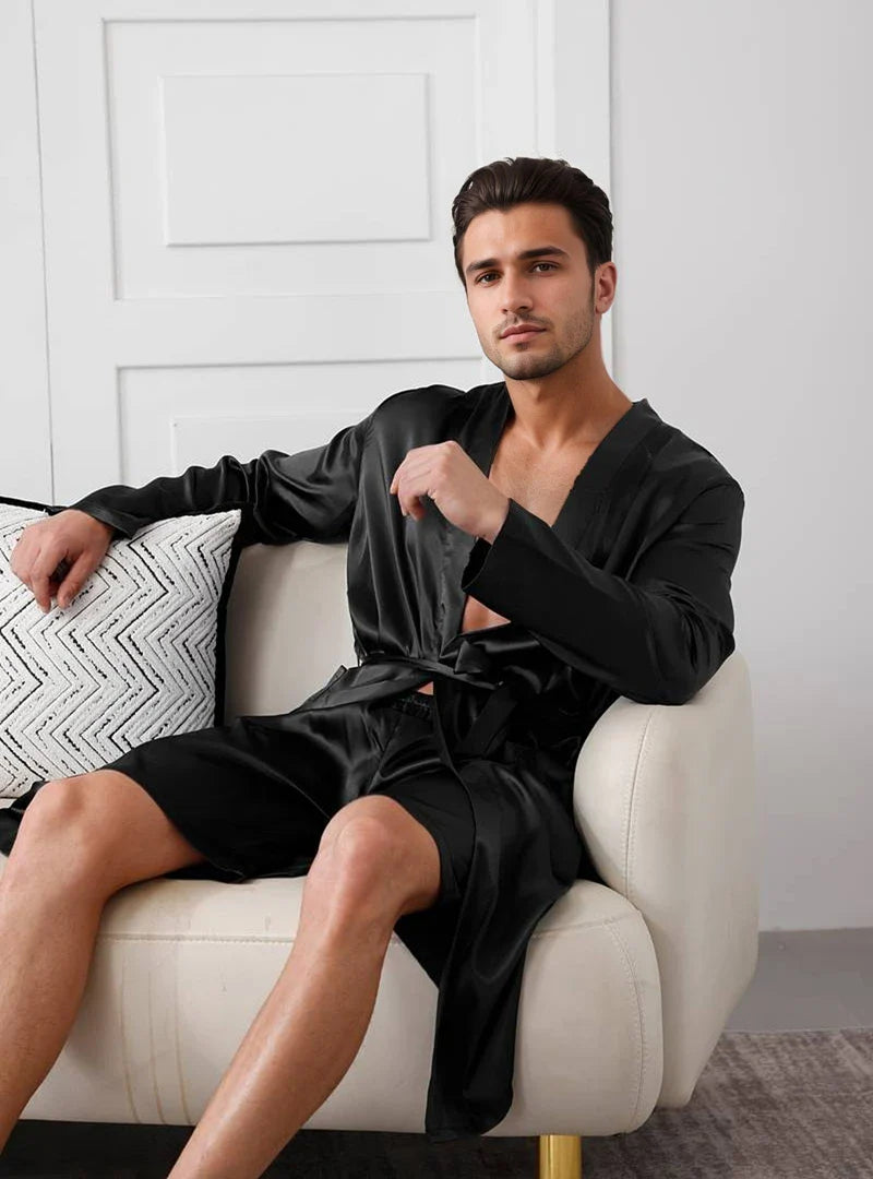 Cralom Men's V-Neck Pajama Set: Black Suit with Robe and Shorts for Relaxing Sleep